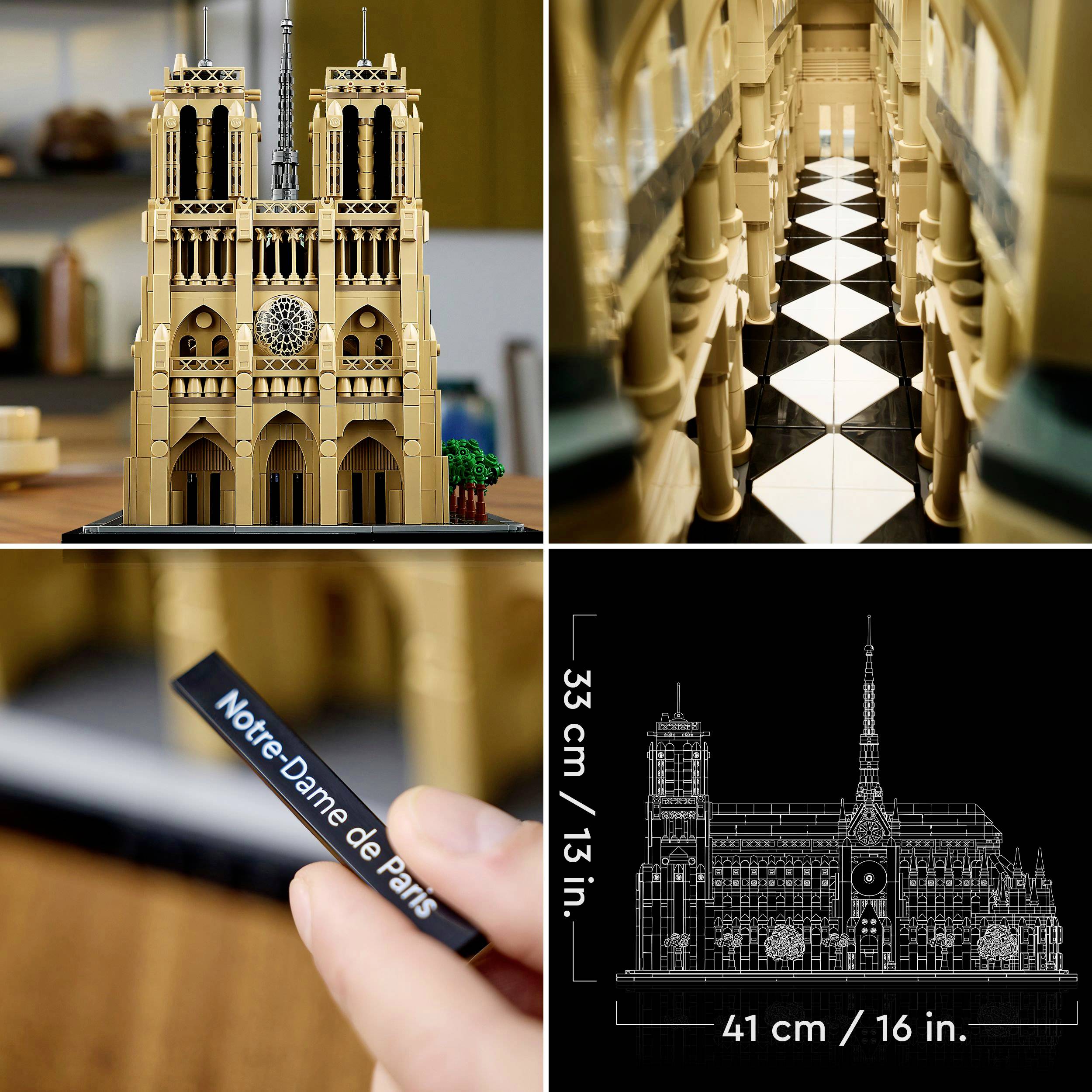 Lego model Katedrale Notre-Dame u Parizu s prikazima unutrašnjosti i vanjskog izgleda te dimenzijama: 33 cm visok, 41 cm širok.
