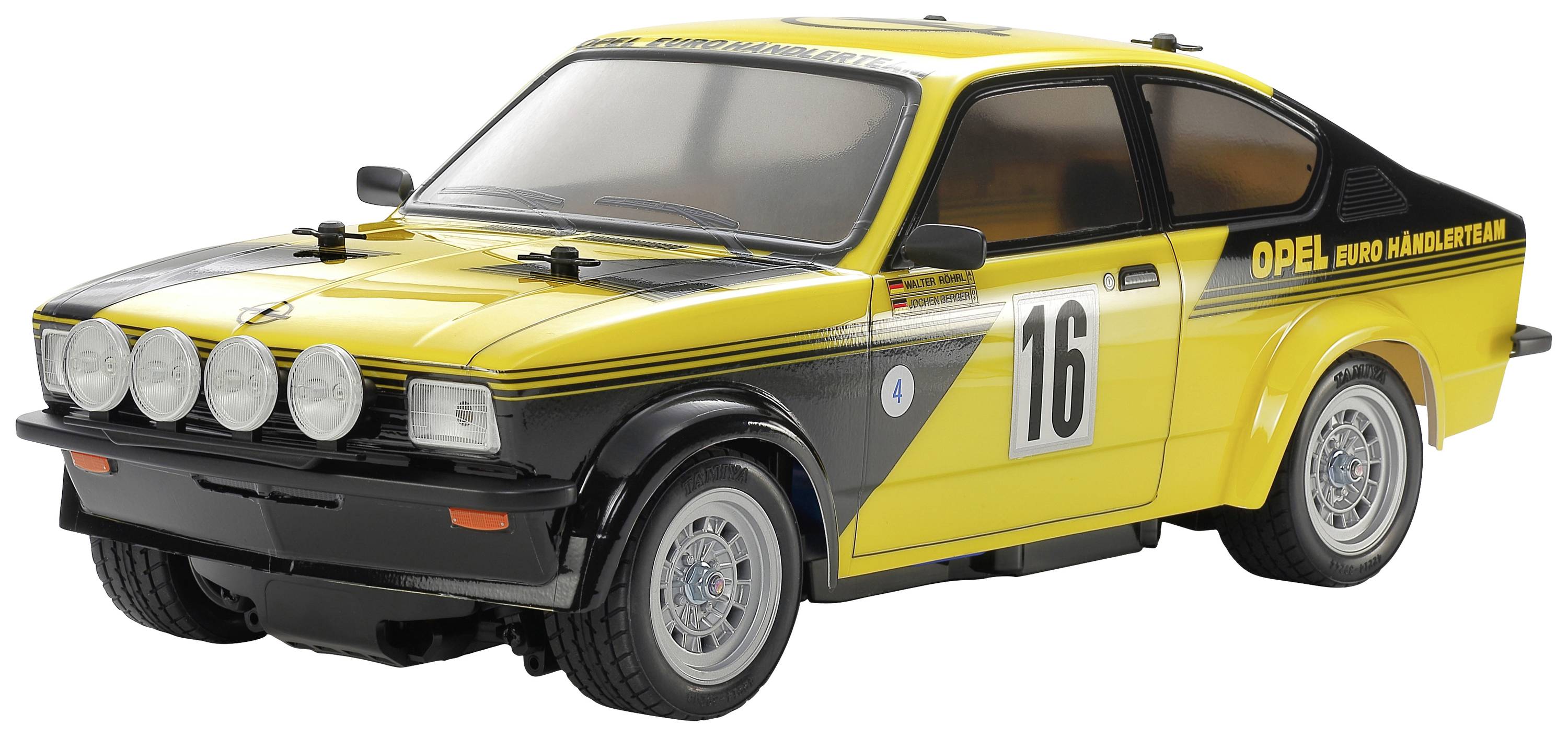 Žuti i crni modelni automobil s brojem 16, dizajniran kao rally automobil s četiri prednje farove, s natpisom sa strane.
