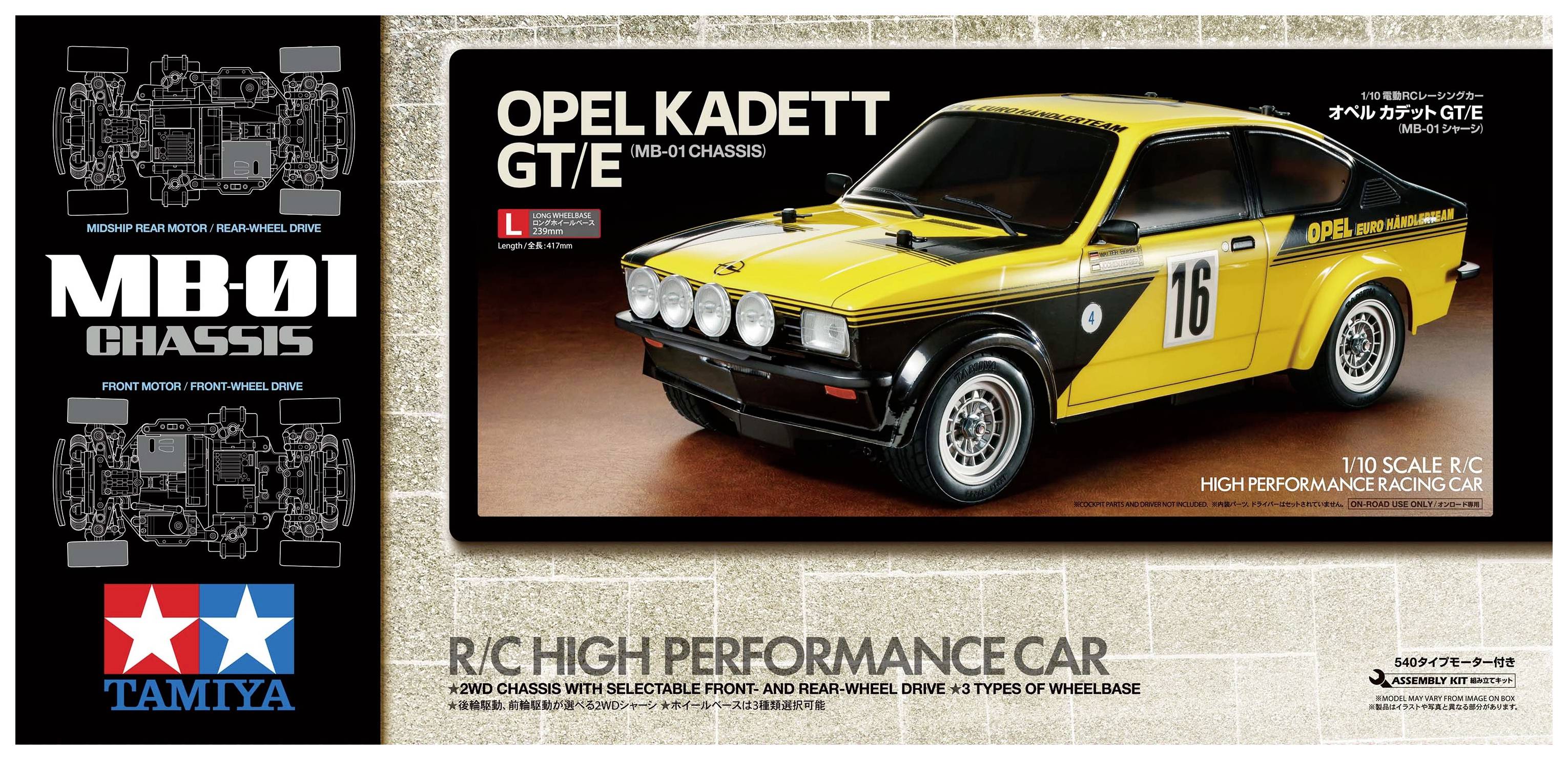 Model automobila 'Opel Kadett GTE' u mjerilu 1:10 na ambalaži. Dizajn u žuto-crnoj boji, informacije o šasiji. Logotip Tamiye u donjem lijevom kutu.