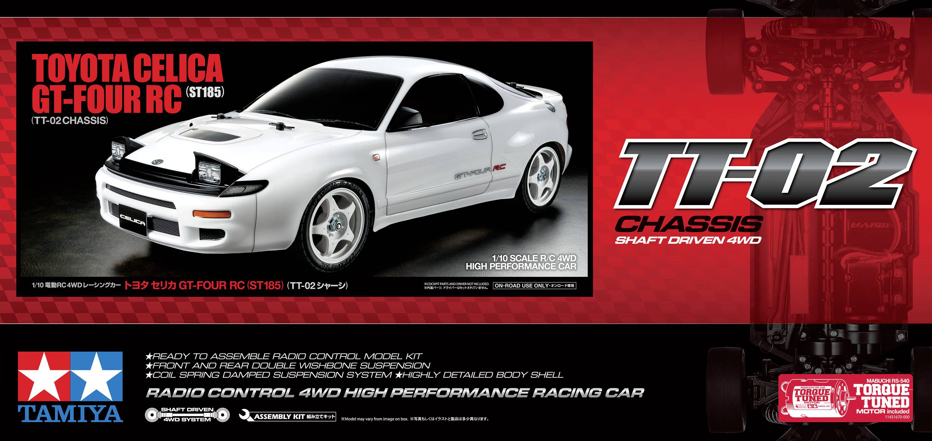 'TT-02 Šasija' i 'Toyota Celica GT-Four RC'. Bijeli modelni automobil s crnim detaljima. Istaknute funkcije: RC High Performance, 4WD.