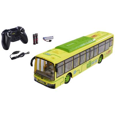 Igračka autobus s daljinskim upravljačem i priborom. Autobus je žuto-zelene boje i detaljno dizajniran. Uključuje baterije i USB punjač.
