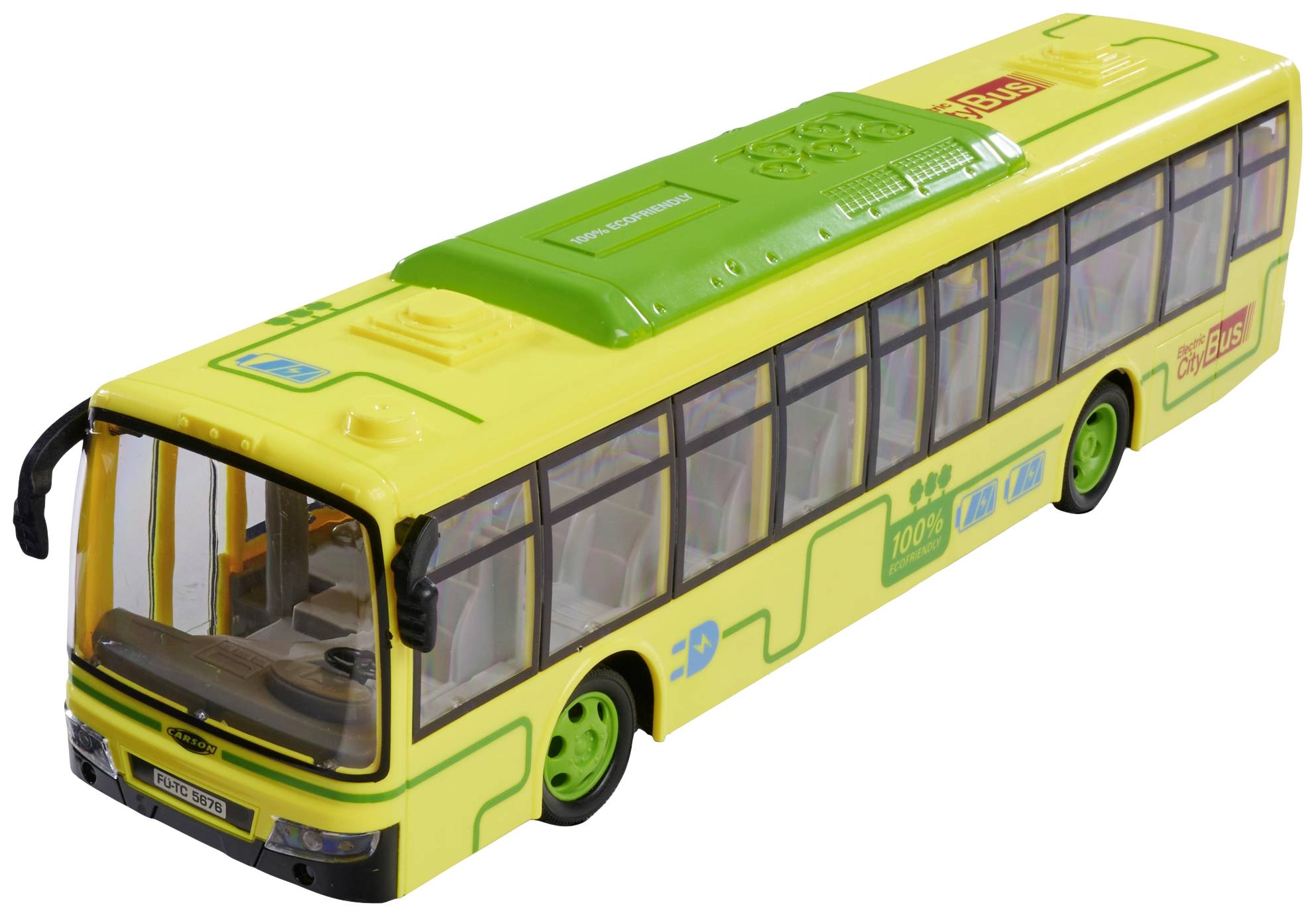 Slika prikazuje žuti model gradskog autobusa s zelenim detaljima. Autobus ima prozirni krov i vidljive redove sjedala unutra.
