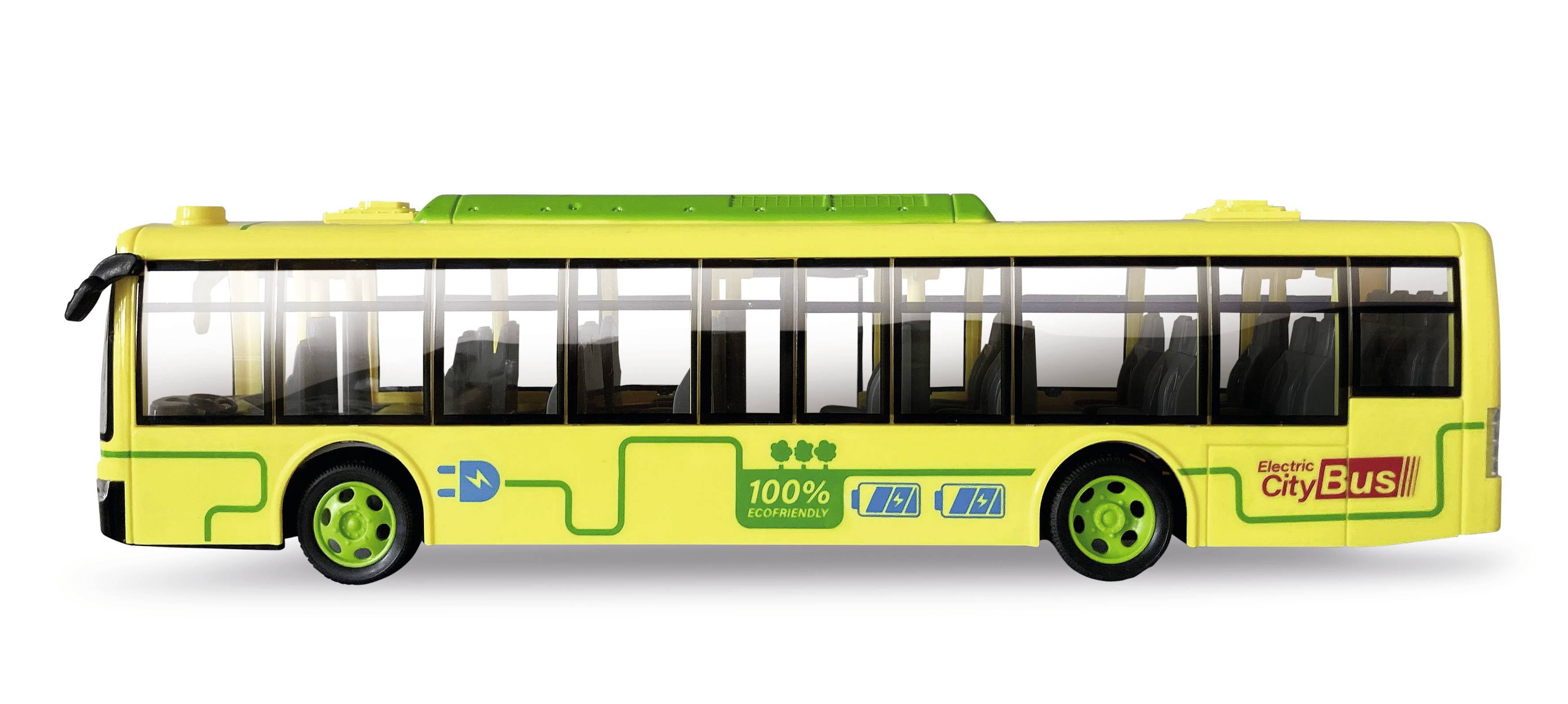 Model žutog gradskog autobusa sa zelenim kotačima, natpisom '100% bez emisije' i logotipovima, simbolizira ekološki prihvatljiv prijevoz.