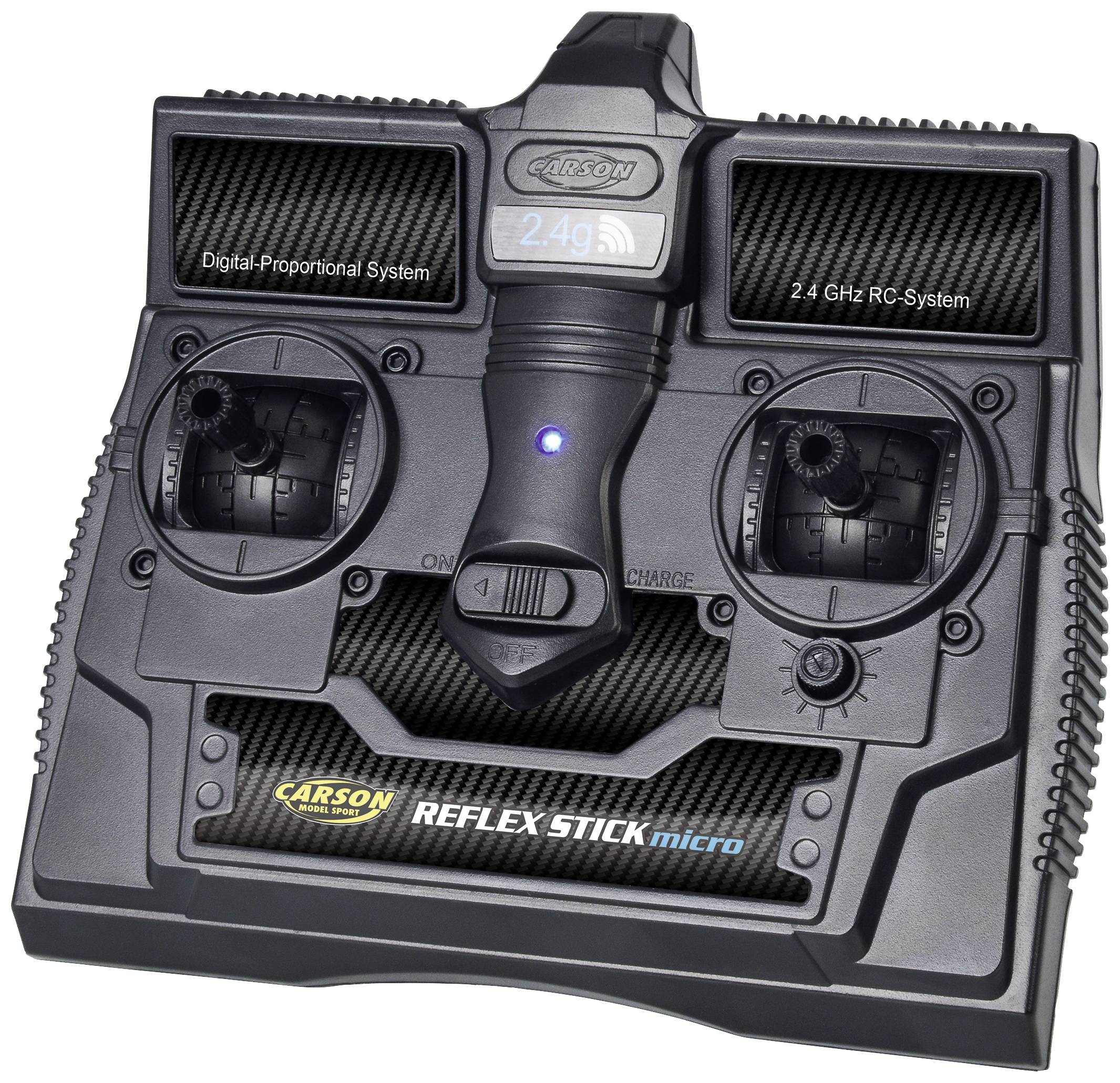 Daljinski upravljana upravljačka jedinica s dva joystika s natpisom 'Reflex Stick Micro', '2.4 GHz RC-sustav', pogodna za modelarske zrakoplove.