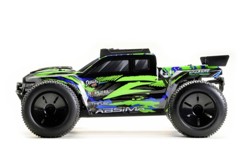 Daljinski upravljani automobil u profilu s zeleno-plavim dizajnom, velikim kotačima i sportskom strukturom, idealan za outdoor avanture.