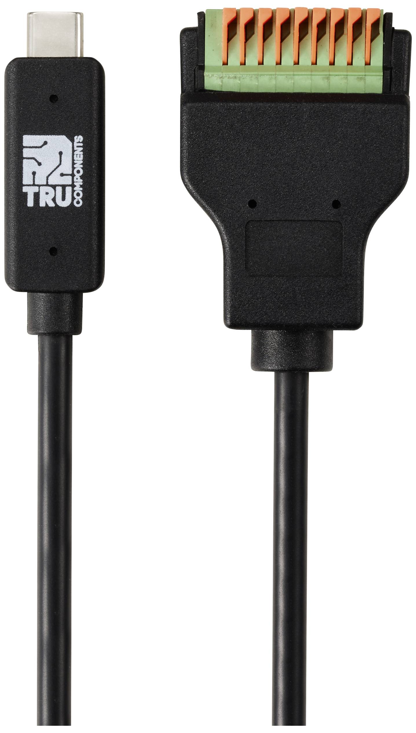 USB-C na serijski adapter s crnim kabelom i utičnicama u zelnoj i narančastoj boji. Logotip marke na USB-C utikču.