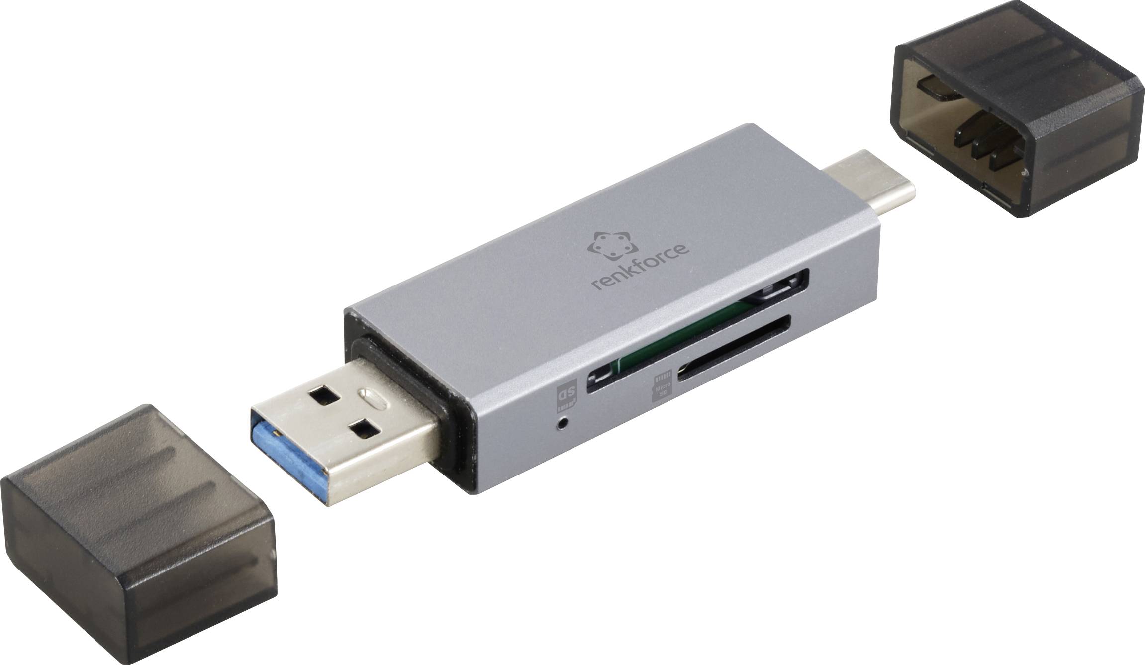 USB čitač kartica s dvije plastične poklopce, USB-A i USB-C utikačem, te SD i MicroSD urezima za kartice.