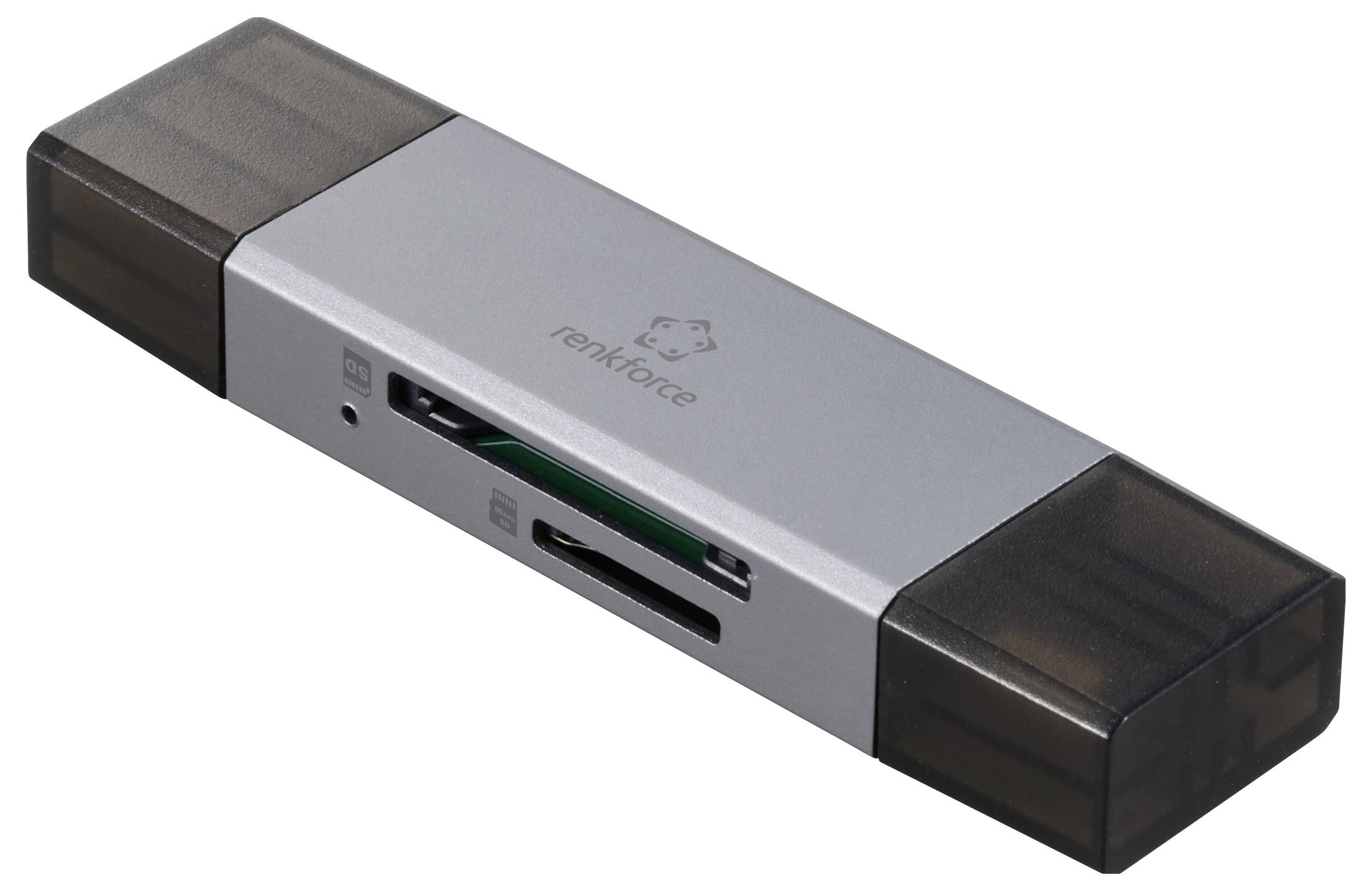 Renkforce USB čitač kartica pravokutnog oblika, s više utora za različite formate memorijskih kartica.