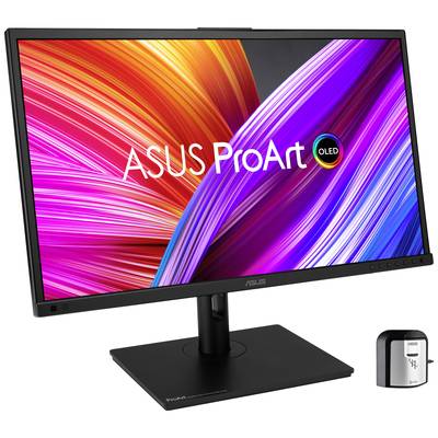 ASUS ProArt OLED monitor s živahnim bojama na zaslonu. Pored monitora stoji malo crno uređenje za kalibraciju.