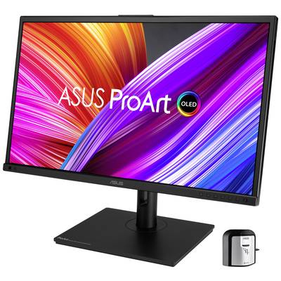 ASUS ProArt OLED monitor prikazuje žive boje na zaslonu. Pored njega leži uređaj za kalibraciju. Idealan za grafički dizajn.