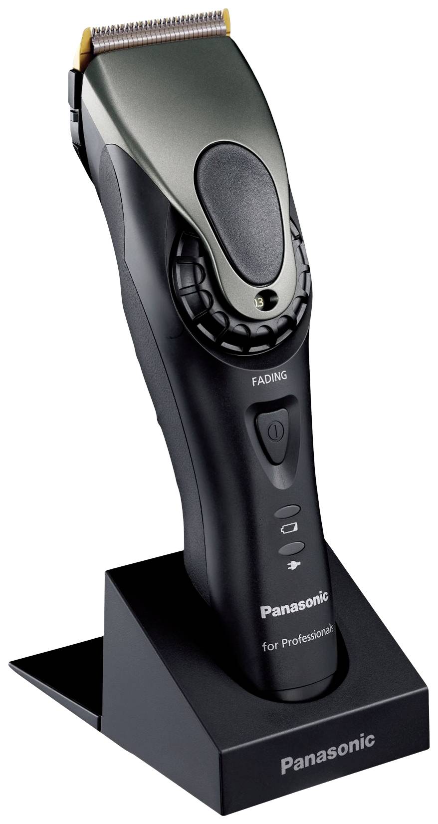 Crni bežični trimer za kosu u punjačkoj stanici, prednji gumbi i sivi glava noža. Natpis: Panasonic za profesionalce.