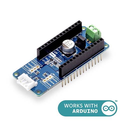 Pravokutna elektronička pločica s utičnicama i jednim srebrnim, cilindričnim komponentom. Natpis: Radi s Arduinom.