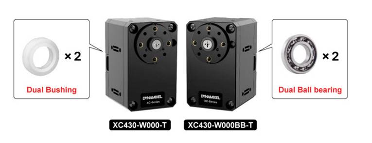 Dva crna servomotora: lijevi s 'Dual Bushing' i desni s 'Dual Ball Bearing'. Oznaka: XC430-W000-T i XC430-W000BB-T.