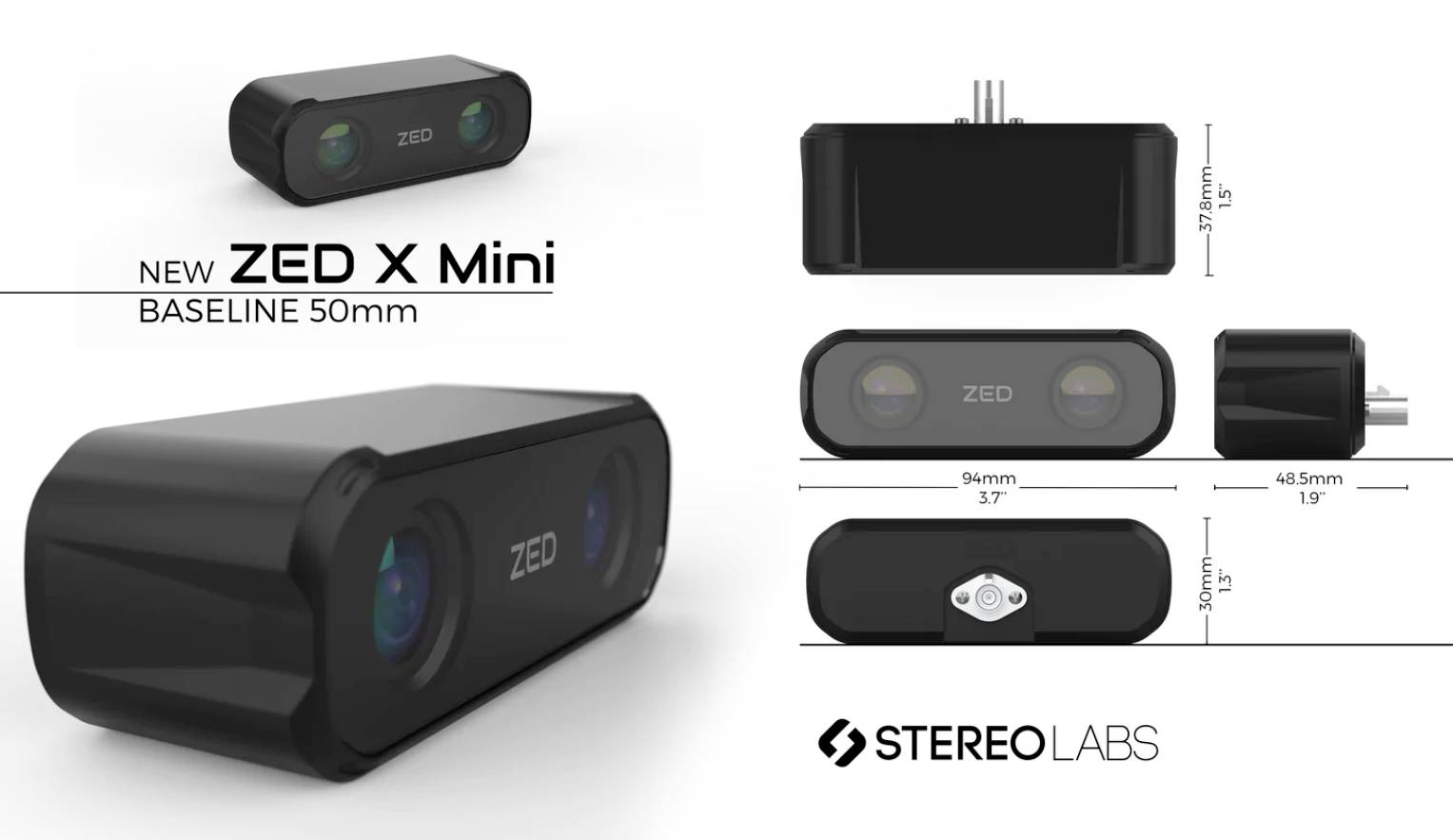 Kamera pod nazivom 'ZED X Mini', bazni razmak 50 mm. Dimenzije: 94 mm širina, 37 mm visina, 45,5 mm dubina. Proizvođač Stereolabs.