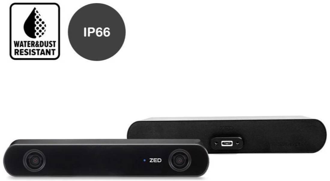 Stereo kamera s IP66 certifikacijom. Podesna za teške uvjete, otporna na prašinu i vodu. USB priključak vidljiv.