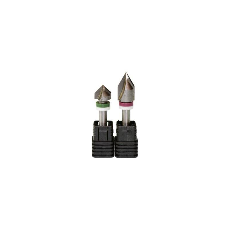 Dva glodala jedna pored druge; lijevo s zelenim prstenom, desno s crvenim prstenom; oboje postavljeni na crnim držačima.