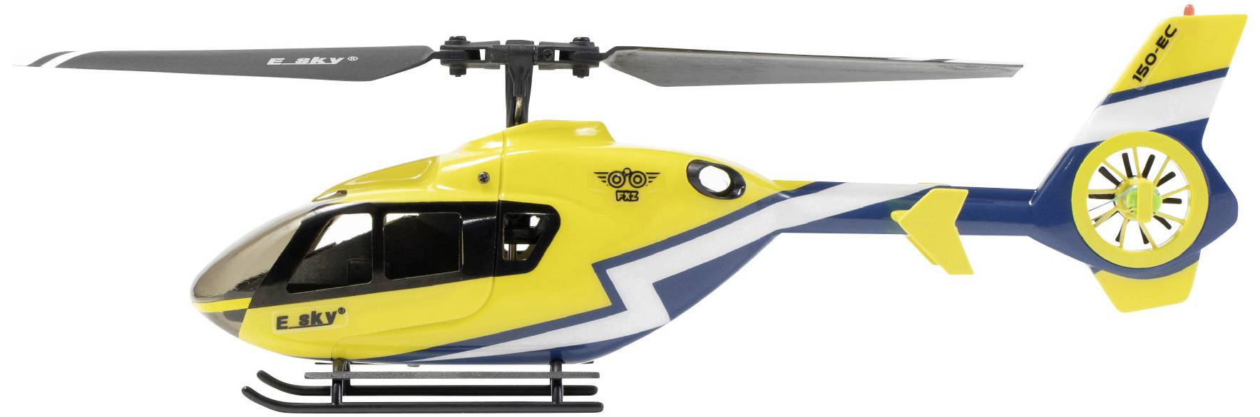 Žuti igračka helikopter s plavim naglascima i natpisom 'E-SKY' sa strane.