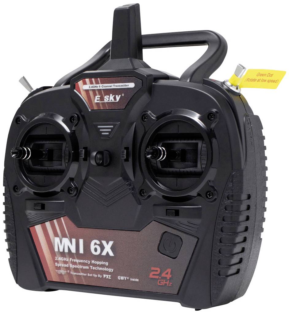 Crna bežična radio-daljinska upravljačka jedinica E-Sky MN I6X sa dva joystika, frekvencije 2,4 GHz. Podesiva za RC vozila ili dronove.