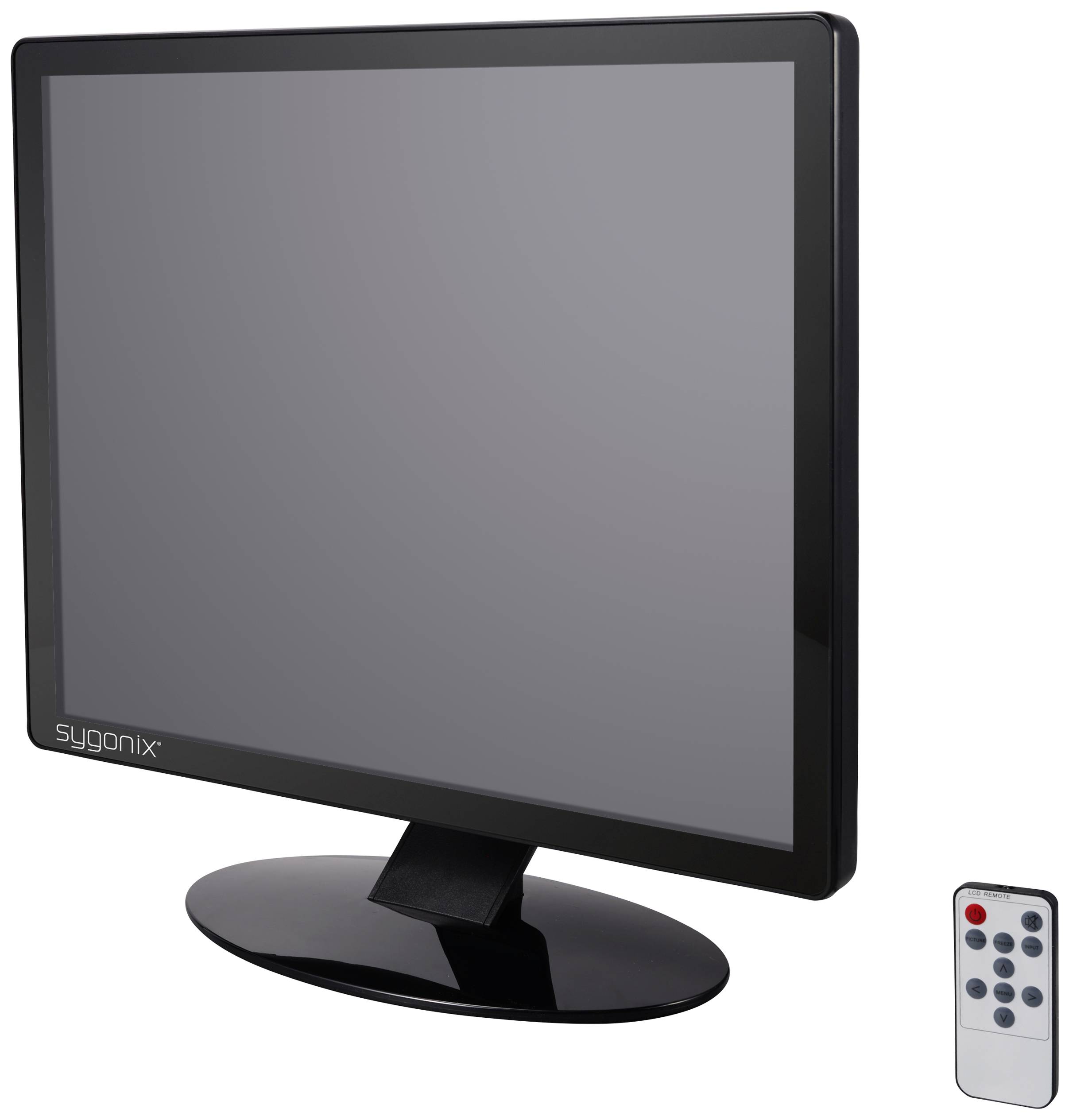 Crni LCD zaslon na postolju, s daljinskim upravljačem pored njega, prikazan ispred bijele pozadine.