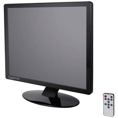 Crni LCD zaslon na postolju, s daljinskim upravljačem pored njega, prikazan ispred bijele pozadine.