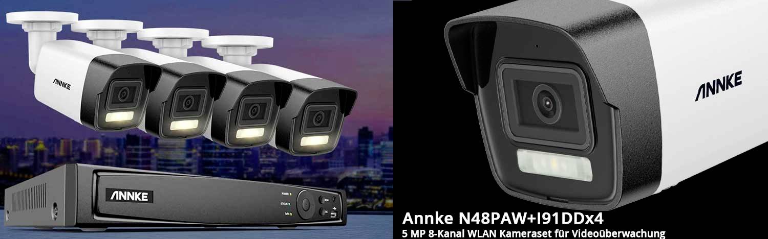 ANNKE N48PAW+191DDx4 5 MP 8-kanalni WLAN komplet kamera za video nadzor prikazuje četiri bijele kamere i jedan crni snimač.