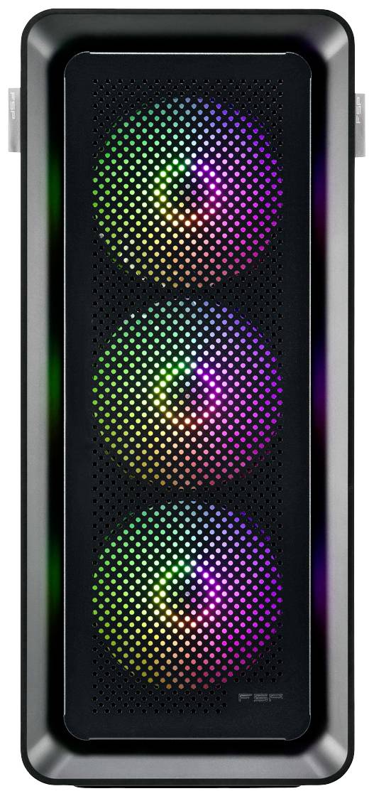 Tri šarene RGB ventilatore na prednjoj strani crnog kućišta računala, prikazuju prijelaz boja u kružnom uzorku.