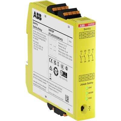'ABB-ov sigurnosni relejni sustav Sentry' u žutom kućištu s različitim certifikacijama i tehničkim specifikacijama otisnutim na njemu.