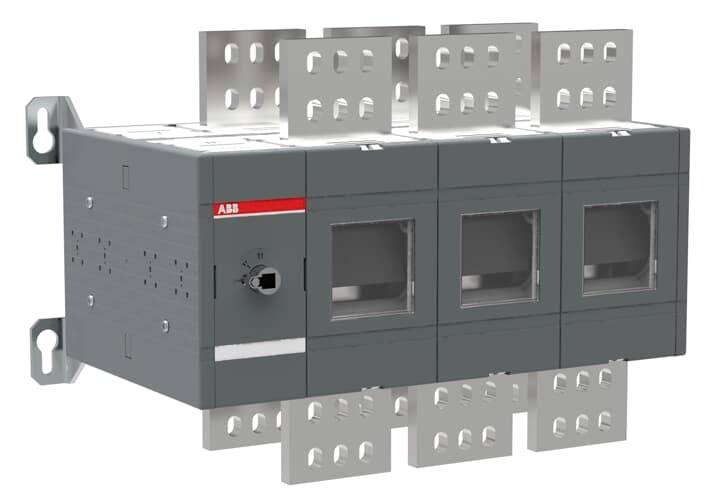 Sivi električni prekidač tvrtke ABB s tri podesiva poluga, montiran na metalnoj ploči.