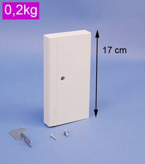 Bijelo, pravokutno kućište, visoko 17 cm, na plavoj podlozi. Sadrži materijal za učvršćivanje i teži 0,2 kg.