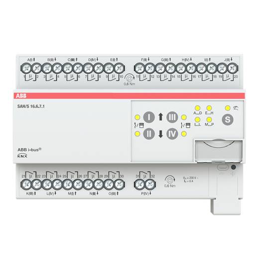 ABB KNX-sklopni aktor S4H/S. Prikazuje sabirničkog posrednika s više stezaljki i upravljačkih elemenata za upravljanje električnim opterećenjima.