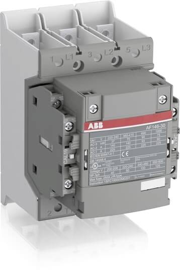 ABB AF146-30 kontaktor s tri kontakta i tehničkom oznakom. Sivo kućište, prikladan za industrijske primjene.