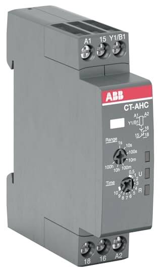 ABB CT-AHC vremenski sklopni relej s podesivim vremenskim rasponima i regulatorima na prednjoj strani, pogodan za industrijske primjene.