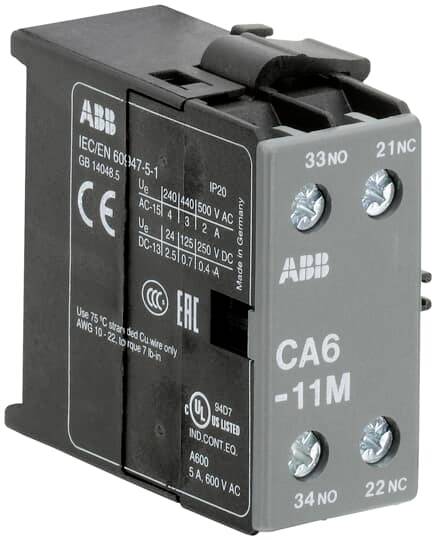 Električki kontaktor tvrtke ABB za upotrebu u upravljačkim krugovima, prikazuje tehničke specifikacije i model CA6-11M.