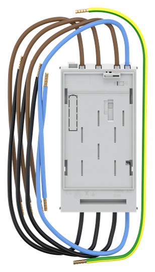 Električni modul s više obojenih kabela spojenih gore lijevo. Kabeli su smeđi, crni, plavi i žuto-zeleni.