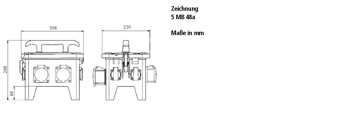 Tehnički nacrt električnog uređaja s dimenzijama u mm. Glavni prikaz: spreda i sa strane. Visina 288 mm, širina 396 mm.