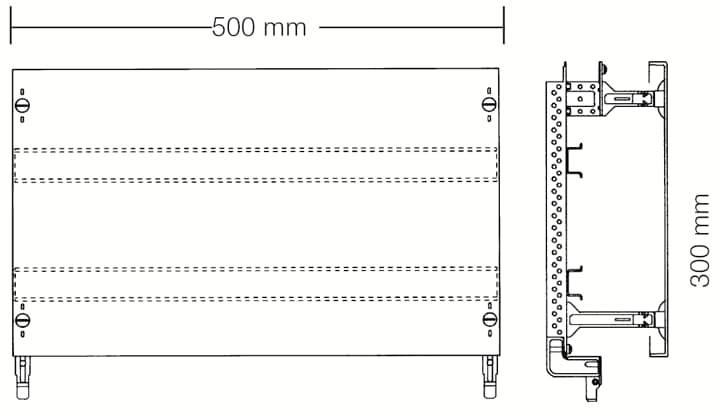 Nacrt pravokutne metalne rešetke, 500 mm x 300 mm, s detaljima bočnog pogleda i položajem elemenata za učvršćivanje.