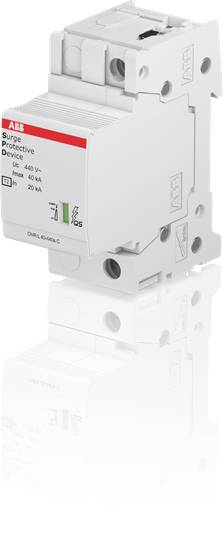 Sivi zaštitni uređaj od prenapona tvrtke ABB s crvenom naljepnicom; prikazuje tehničke vrijednosti poput napona i jakosti struje.