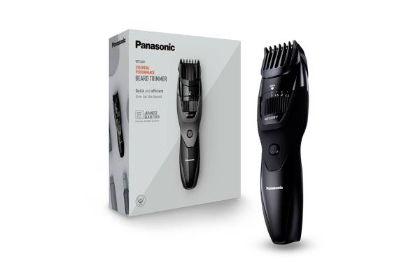 Trimer za kosu pokraj pakiranja s natpisom 'Panasonic'. Sadrži detalje opisa proizvoda i primjene za njegu brade.