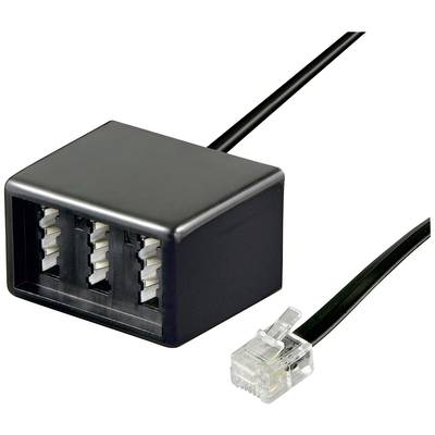 Crni telefonski razvodnik s tri utičnice i crnim kabelom. Služi za priključivanje više telefona na jednu liniju.