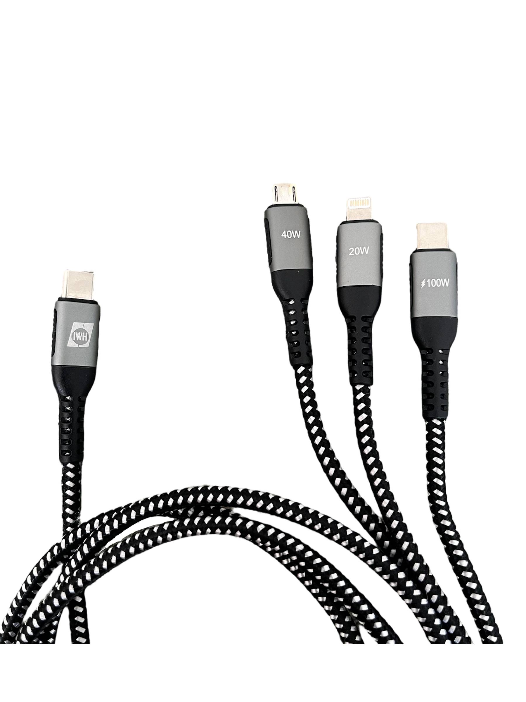 Četiri prepletena punjača kabela s USB-C, Micro-USB, Lightning i USB-C priključcima. Kabeli su označeni oznakama '40W', '20W' i '100W'.