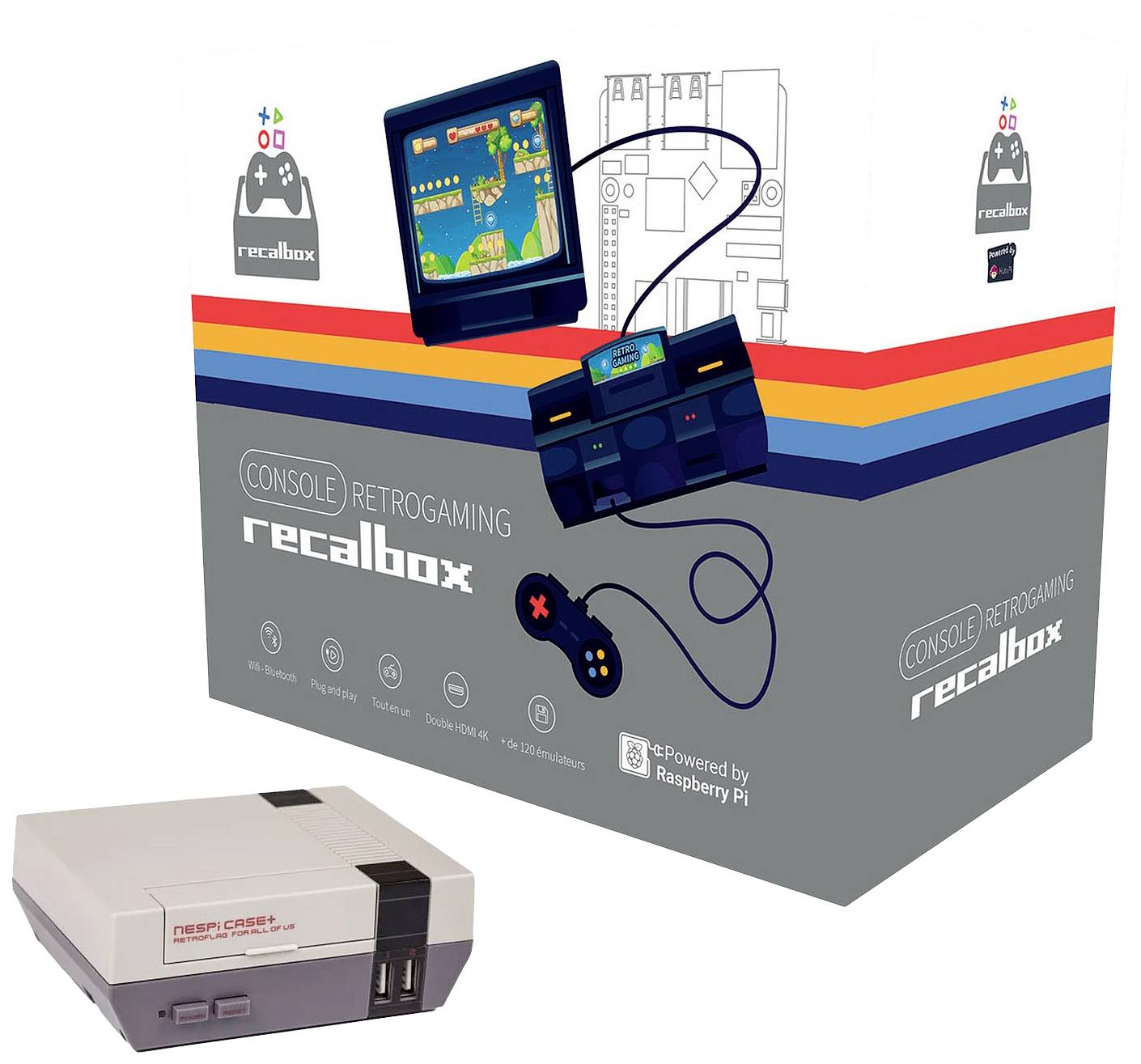 Retro-gaming konzola 'Recalbox' s dva kontrolera i zaslonom koji prikazuje igru, predstavljena na kartonu s šarenim prugama.