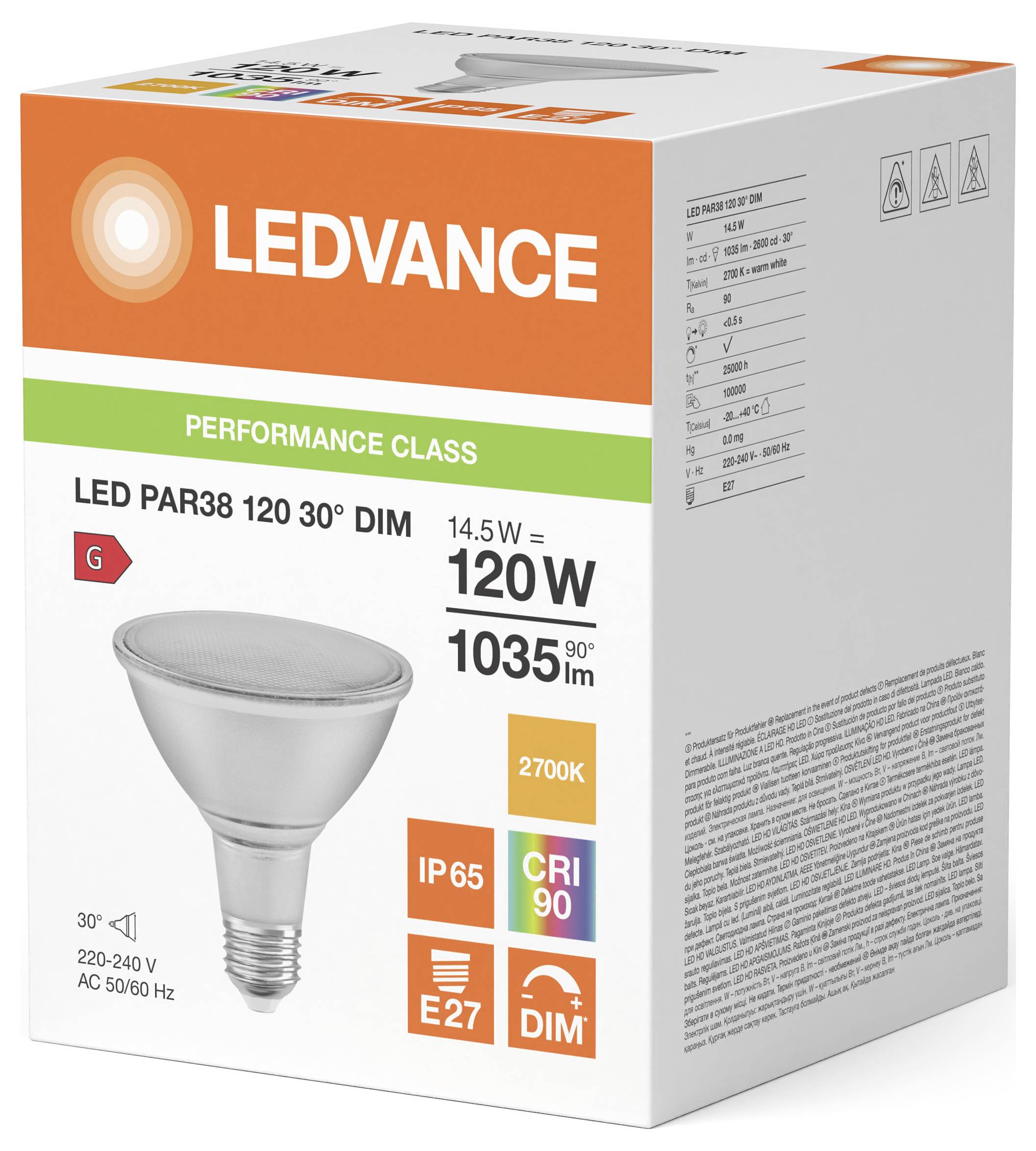 LEDVANCE LED PAR38 žarulja u kutiji s slikom proizvoda i specifikacijama: 14,5W ekvivalentno 120W, 1035 lm, 2700K, CRI 90, IP65, E27, prigušiva.