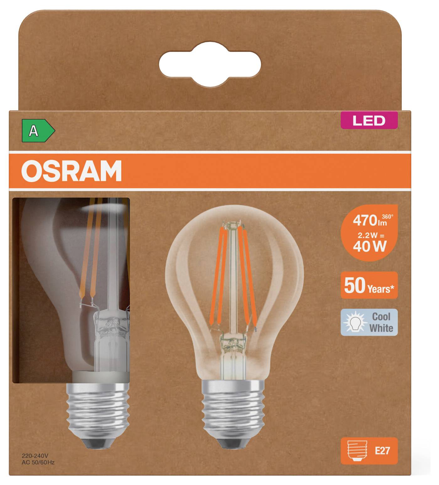 OSRAM LED žarulja sa pakiranjem koje sadrži dvije žarulje, ekvivalent 40W, 470 lm, hladna bijela, E27 socle, i tvrdnja o 50-godišnjem vijeku trajanja.