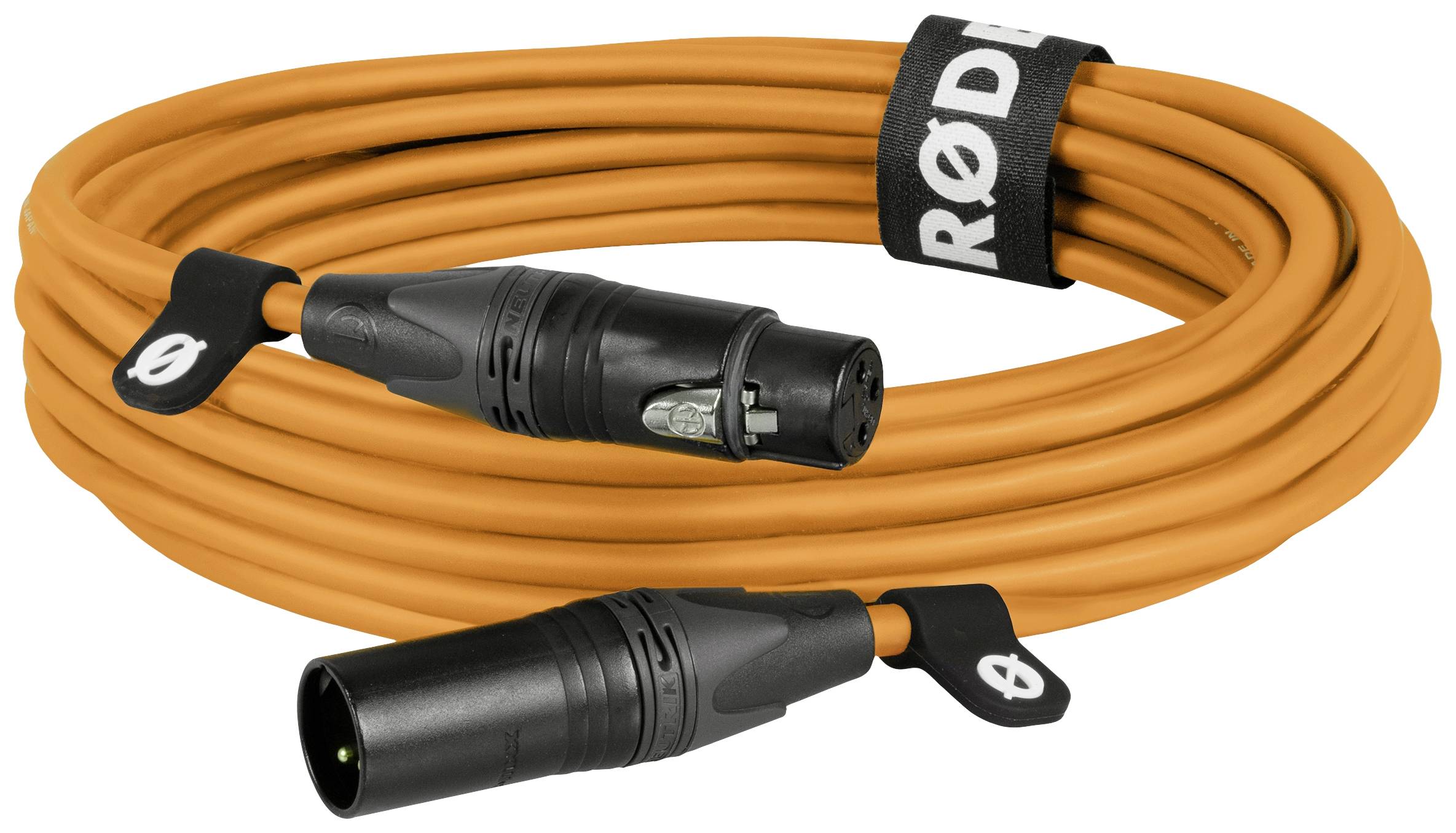 XLR kablovi narančaste boje s crnim utikačem, povezani čičak trakom, pogodni za audio povezivanje u profesionalnim primjenama.