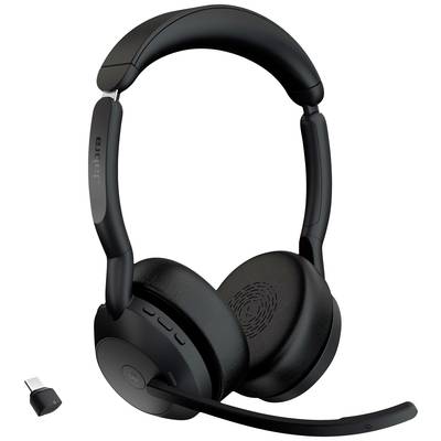Crni Bluetooth slušalice s rotirajućom mikrofonskom rukom i USB-C adapterom, pogodne za telefonske pozive i slušanje glazbe.