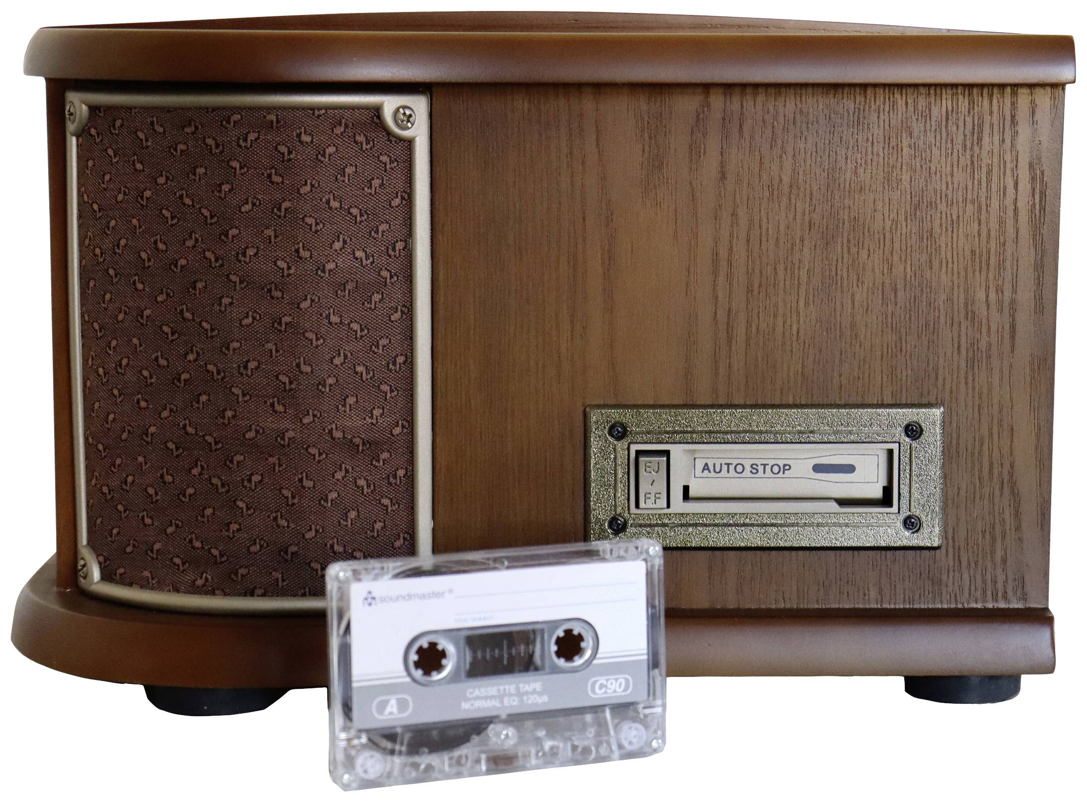 Retro magnetofonski uređaj od drveta s natpisom "Auto Stop". Kazeta je položena ispred njega.