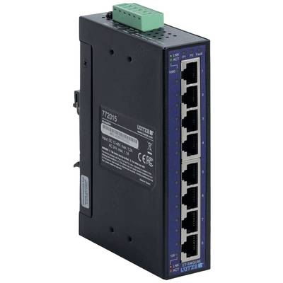 Industrijski Ethernet preklopnik s osam RJ45 priključaka za mrežno povezivanje. Crućno kućište s serijskim brojem i tehničkim specifikacijama.