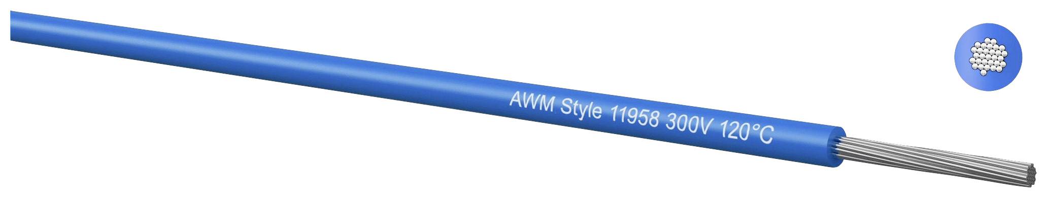 Plavi izolirani električni kabel s natpisom 'AWM Style 11098 300V 120°C', struktura žice vidljiva na jednom kraju.