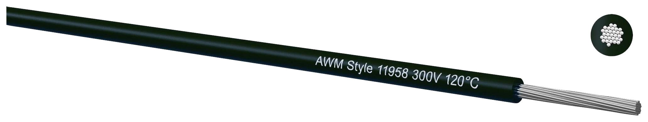 Crni kabel oznake 'AWM Style 11958 300V 120°C'. Gore desno je vidljiv presjek kabela sa srebrnim žicama.