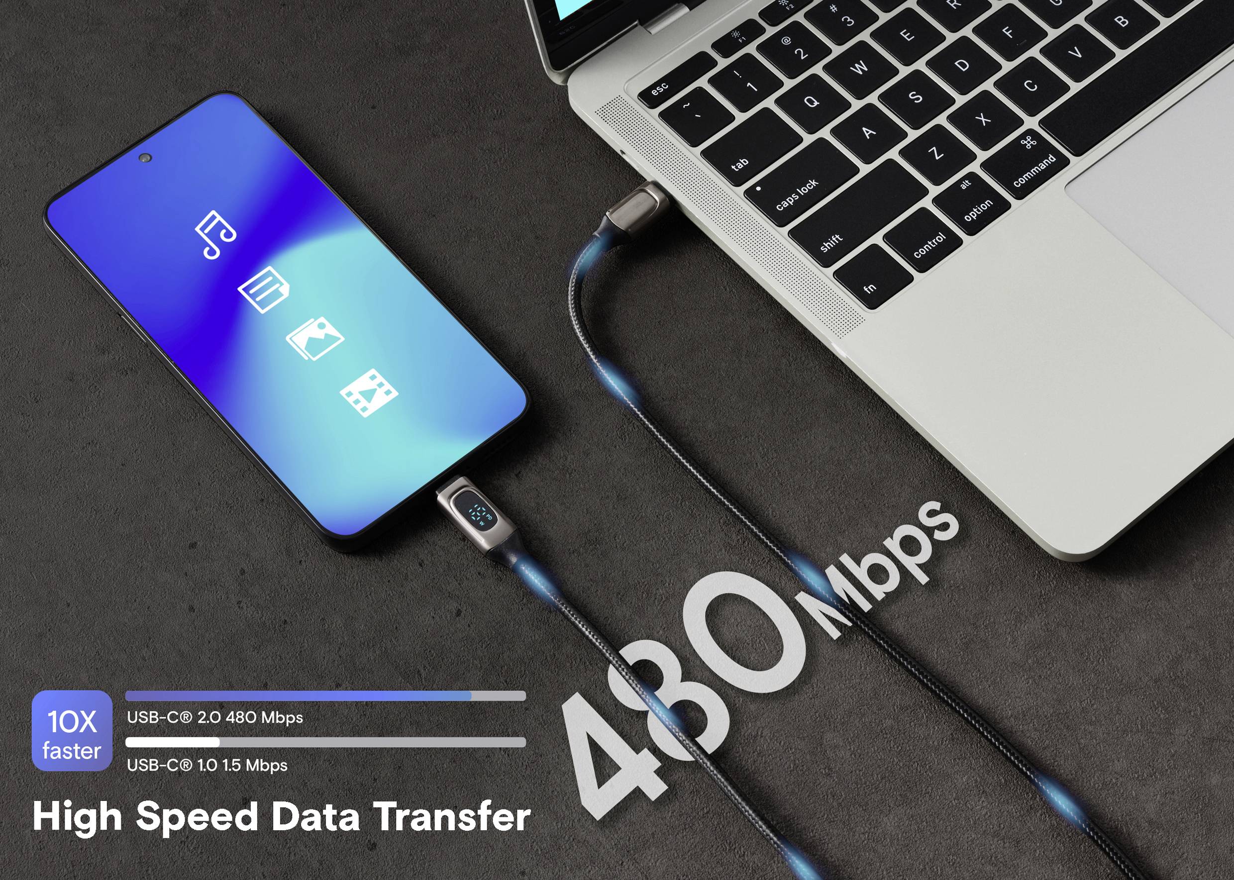 Pametni telefon povezan s prijenosnim računalom kabelom koji prikazuje visoku brzinu prijenosa podataka od 480 Mbps. Simboli za glazbu, slike i videozapise na zaslonu mobitela.